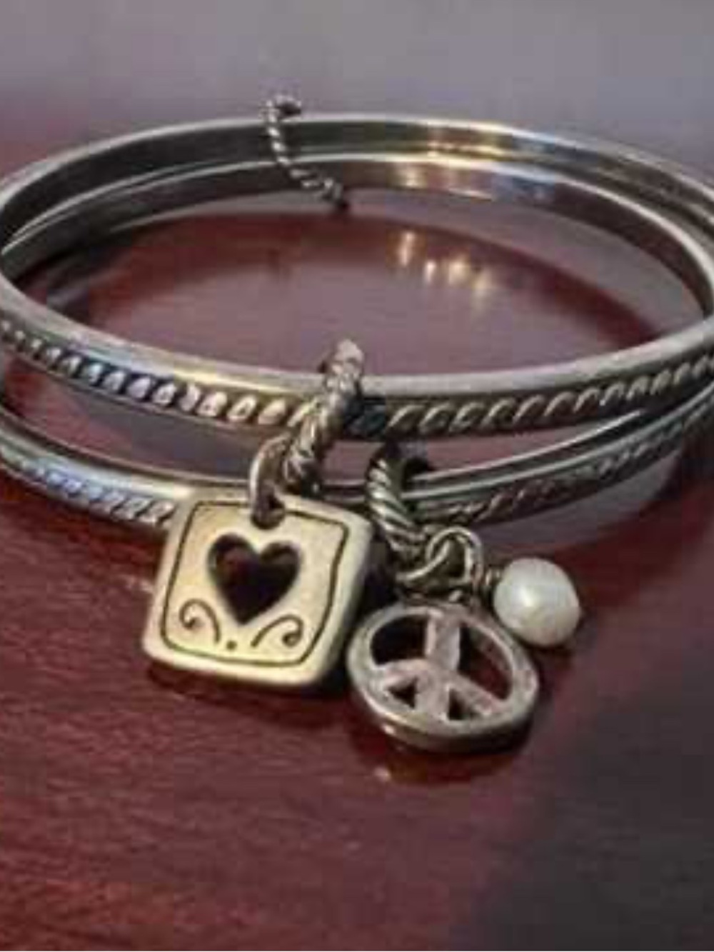 Retired Brighton silver tone double bangle bracelet with heart & peace sign